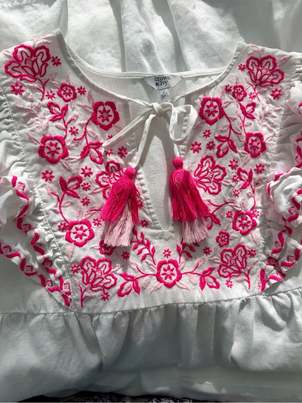 crown & ivy White Dress with Hot Pink Embroidery and Tassels